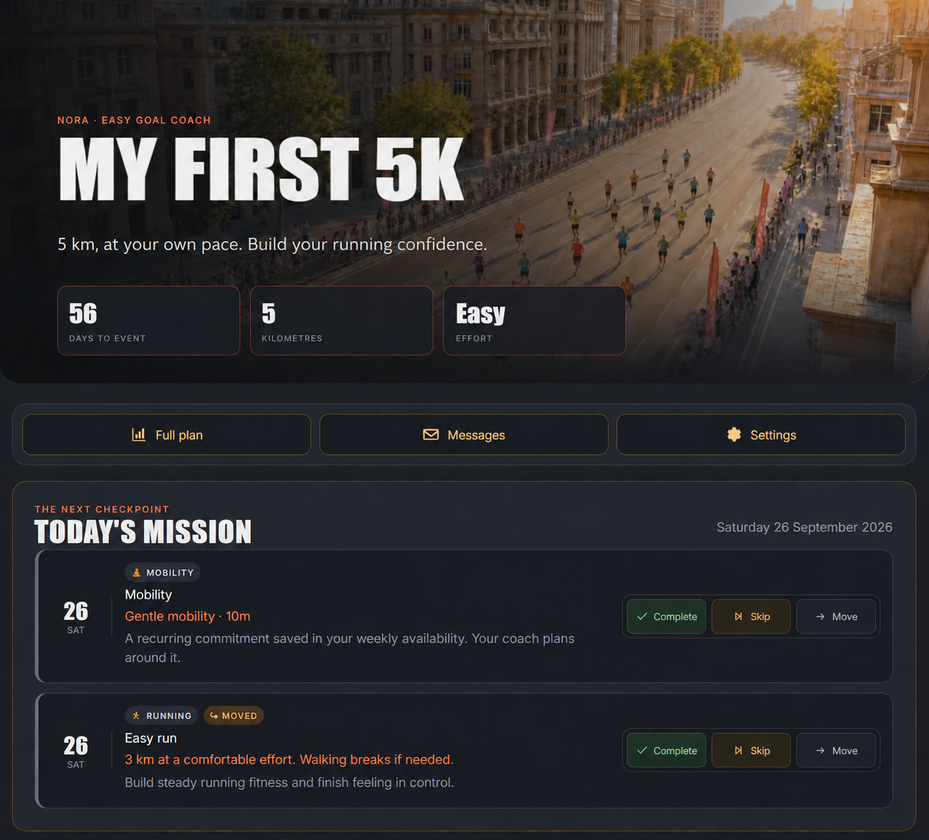 Beginner dashboard with a first 5K goal and a 3 km easy run, with walking breaks if needed.