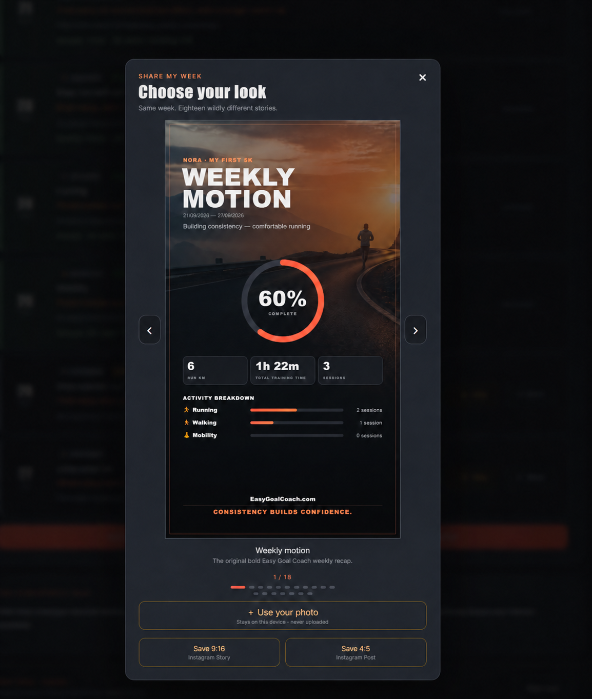 Weekly Motion recap showing 6 km, 1 hour 22 minutes and three completed sessions.