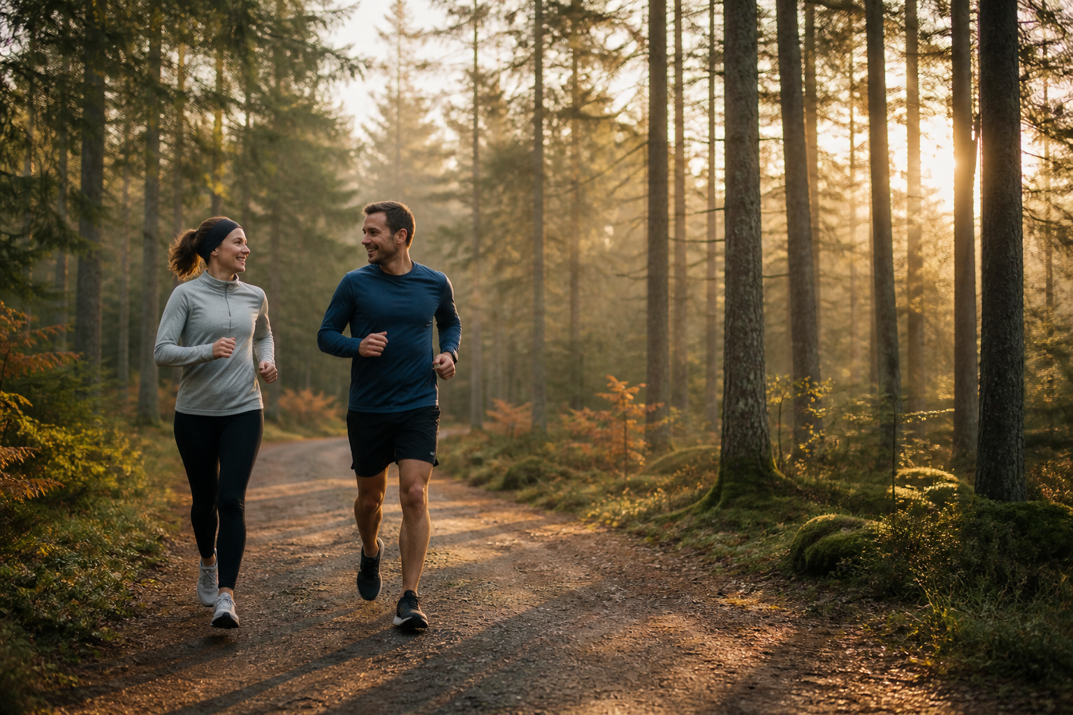 Two recreational runners enjoying an easy conversational run on a forest trail