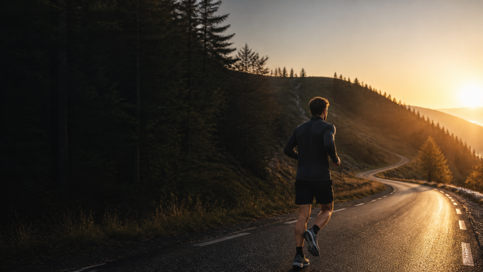 A runner following a quiet road toward forested hills at sunrise
